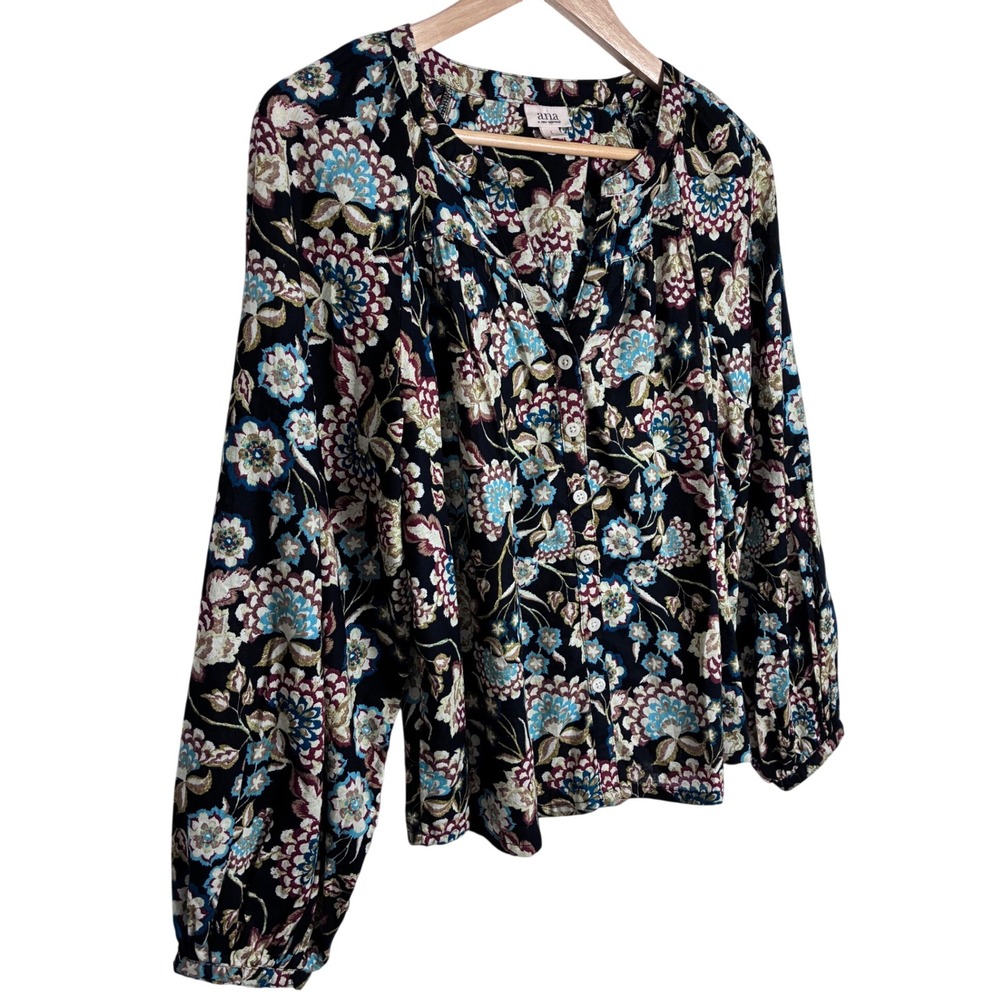 A.N.A. Black Teal Floral Boho Peasant Blouse Top L Cotton - Picture 3 of 10